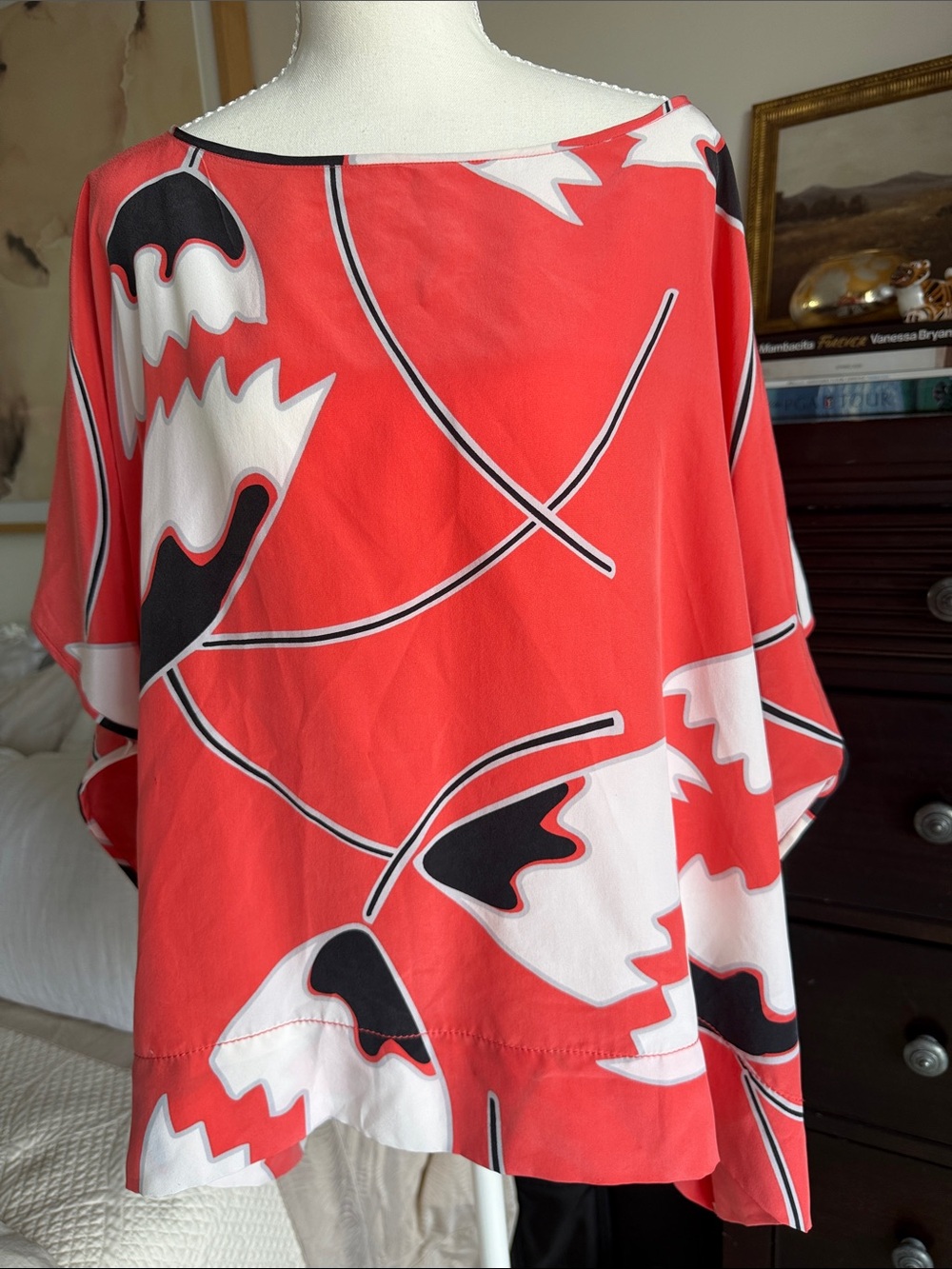 Diane Von Furstenberg Coral, Black & Cream Abstract Floral Tunic Blouse - PS